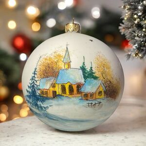 Vintage Hand Painted Glass Ball Ornament Christmas Winter Church Scene  5” H